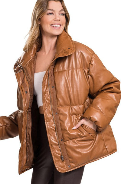 Celeste Camel Vegan Leather Jacket-jacket-Emporium B, Women's Online Fashion Boutique in Colman, South Dakota