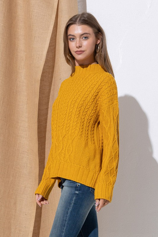 Ainsley Mustard Cable Knit Sweater-Sweater-Emporium B, Women's Online Fashion Boutique in Colman, South Dakota