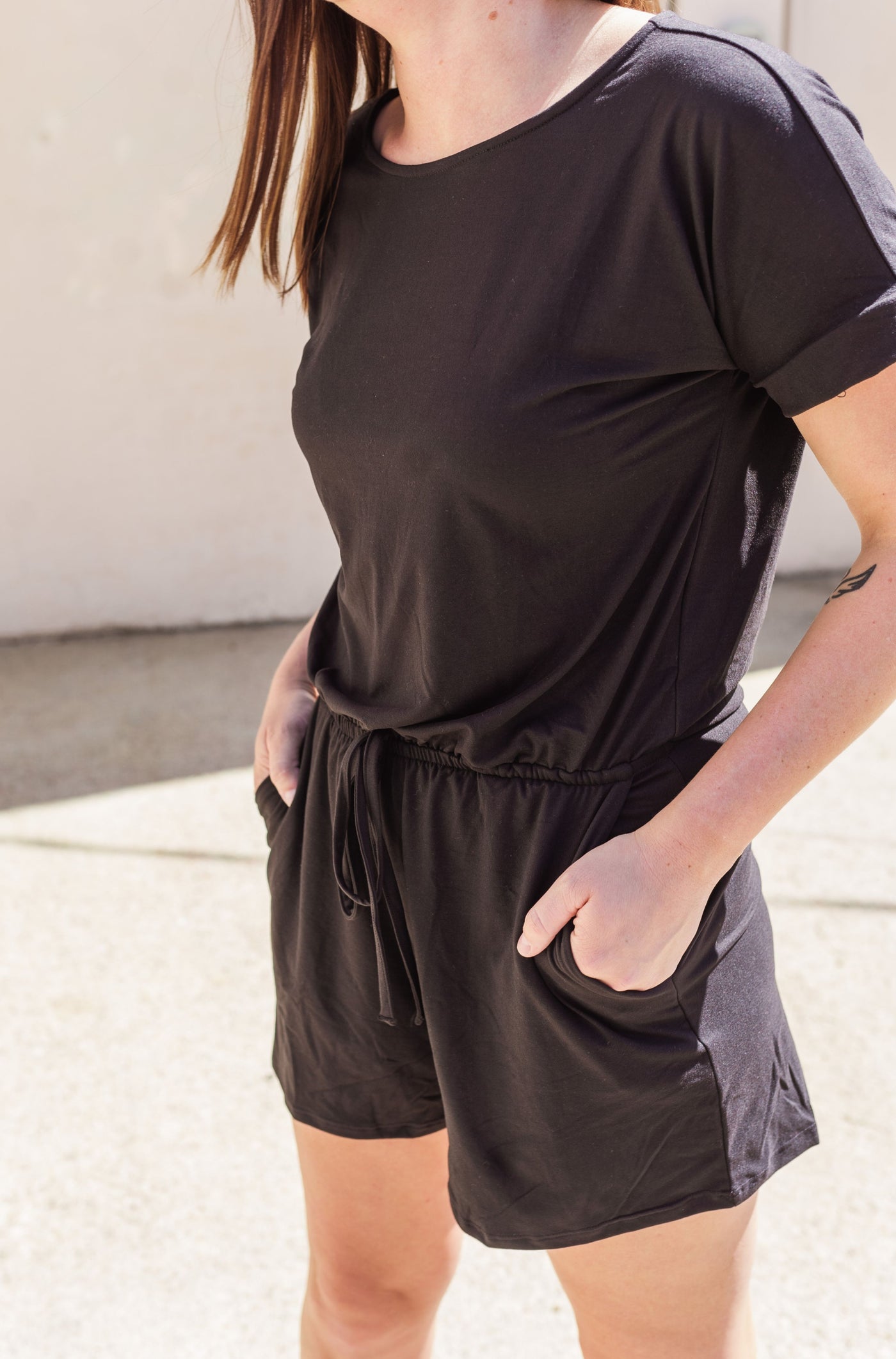 Carolyn Black Romper with Pockets-Romper-Emporium B, Women's Online Fashion Boutique in Colman, South Dakota