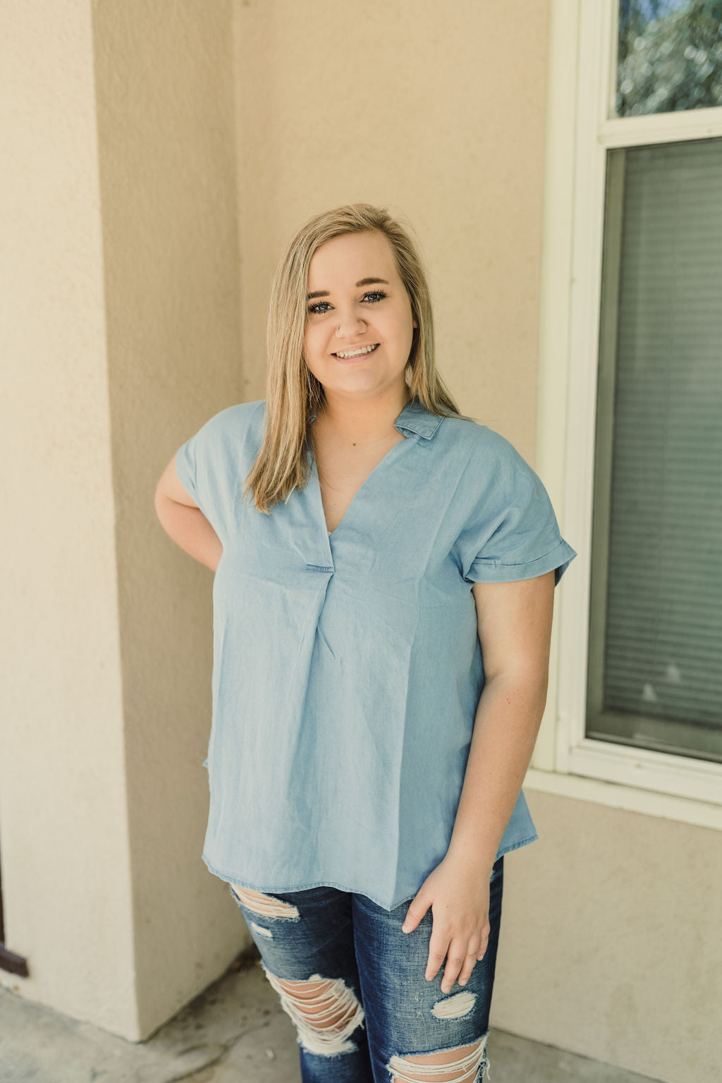 Winona Chambray Button Top-fashion top-Emporium B, Women's Online Fashion Boutique in Colman, South Dakota