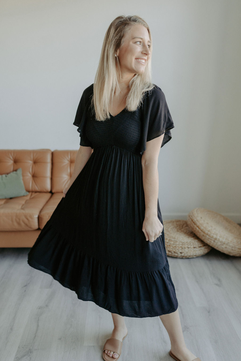 Rowan Smocked Midi Dress - Black-midi dress-Emporium B, Women's Online Fashion Boutique in Colman, South Dakota