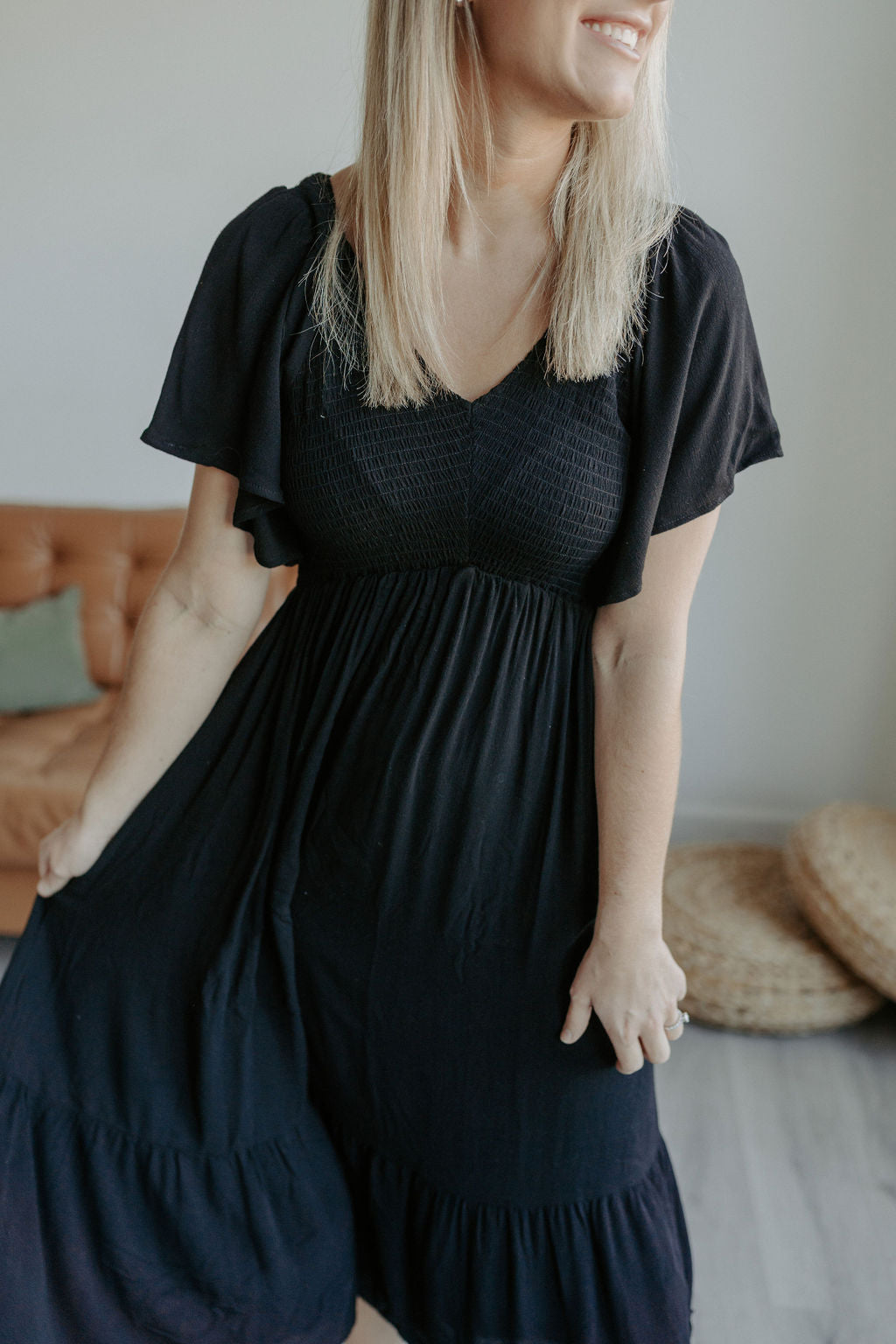 Rowan Smocked Midi Dress - Black-midi dress-Emporium B, Women's Online Fashion Boutique in Colman, South Dakota