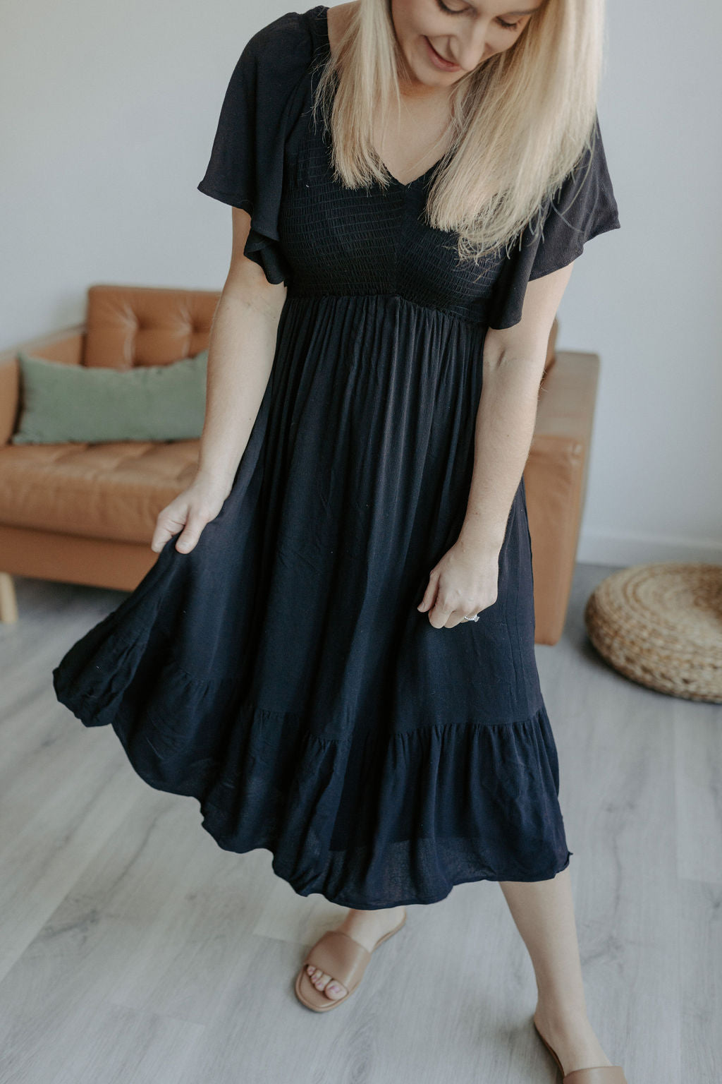 Rowan Smocked Midi Dress - Black-midi dress-Emporium B, Women's Online Fashion Boutique in Colman, South Dakota