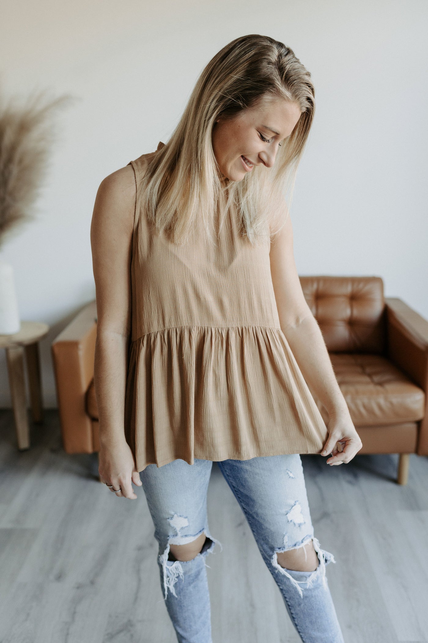 Whittier Camel Babydoll Tank-Tank-Emporium B, Women's Online Fashion Boutique in Colman, South Dakota