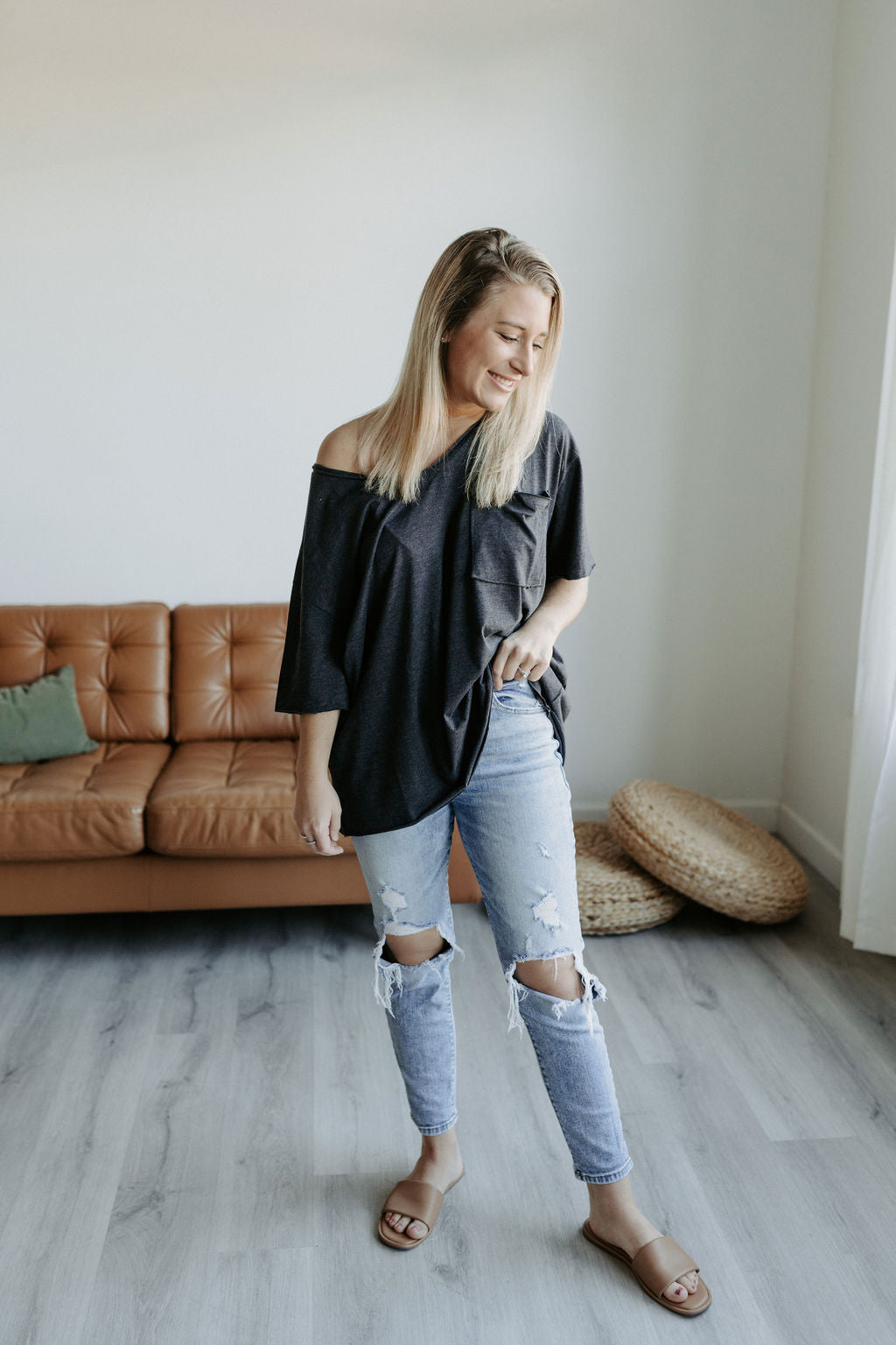 Keegan Charcoal Oversized Boyfriend Tee-Tee-Emporium B, Women's Online Fashion Boutique in Colman, South Dakota