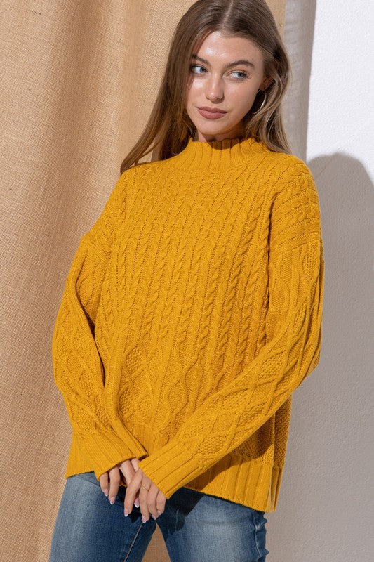Ainsley Mustard Cable Knit Sweater-Sweater-Emporium B, Women's Online Fashion Boutique in Colman, South Dakota